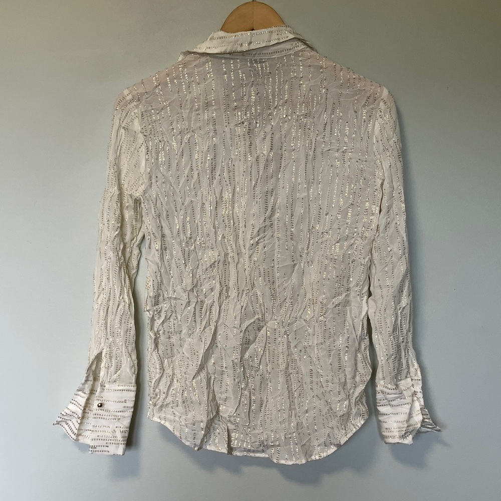 Stefanel White Gold Metallic Thread Lurex Textured Button-Up Shirt - Picture 6 of 6